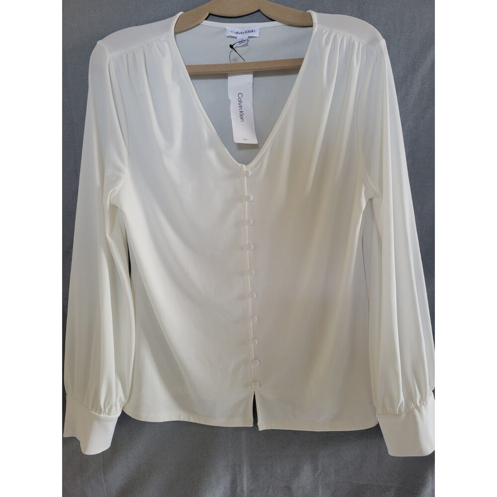 Calvin Klein Women's Blouse Cream V-neck Covered Button Long Sleeve Size L